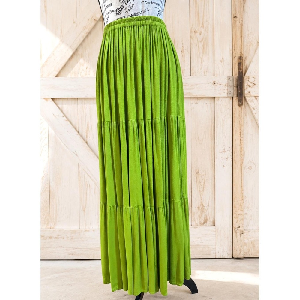 Vintage Double D Ranch Tiered Maxi Skirt Small Lime Green Crinkle Boho